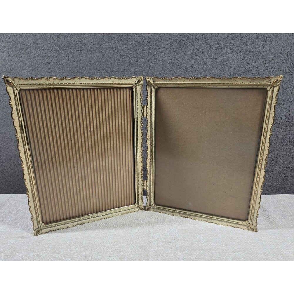 Vintage Double Gold Metal Free Standing Picture Frame Holds 8x10 Photos Bi-Fold